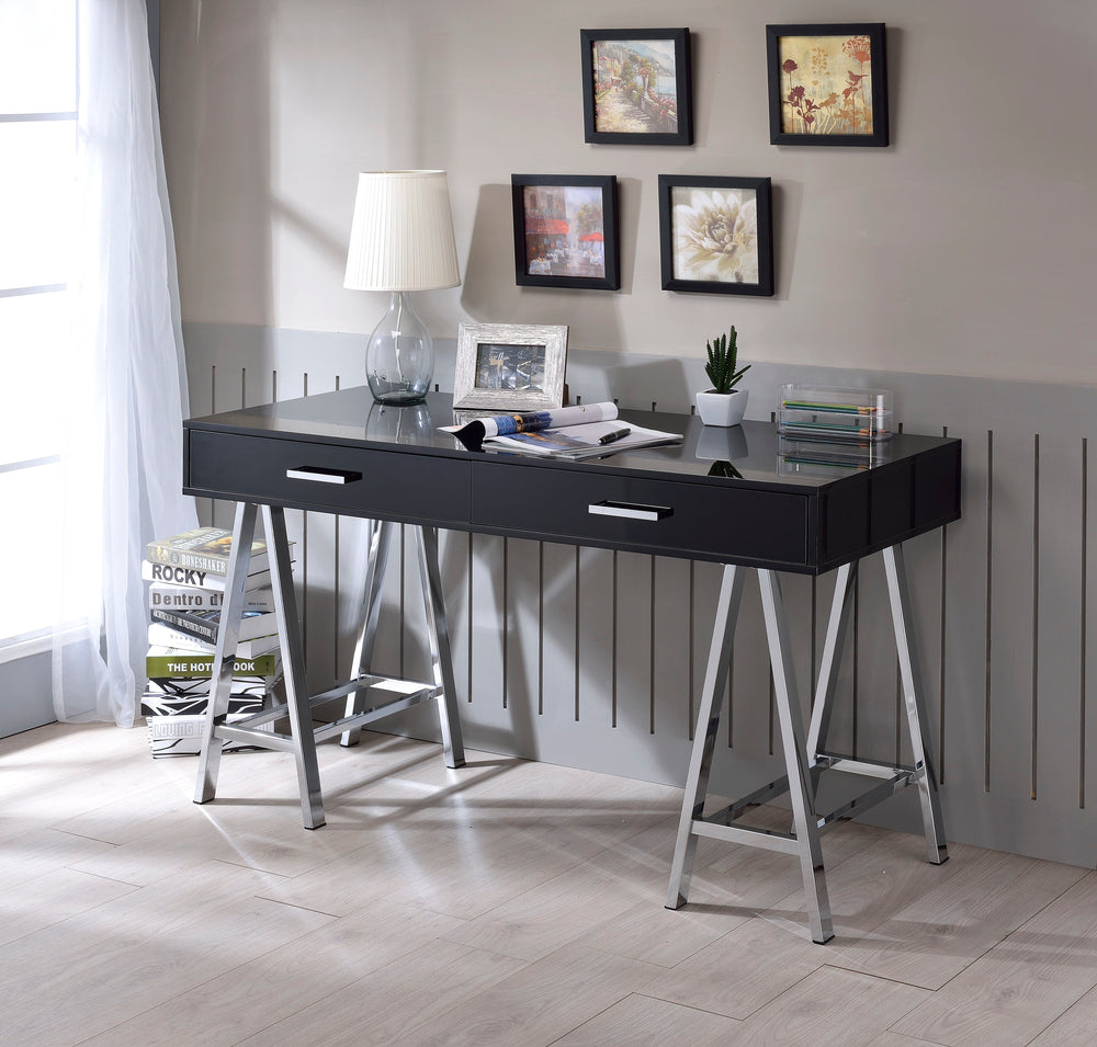  with its high gloss finished top with 2 drawers. It will serve as the perfect place to hold all of your often used supplies. The base is made up of 2 -"sawhorse-" designed legs finished in chrom
