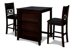The small space friendly Gia Counter Storage Table and Chair Set has a built-in shelf unit that provides the ideal spot for dinnerware or kitchen essentials. The dining table and chair legs are crafted of solid Rubberwood to add strength and stability. Mi