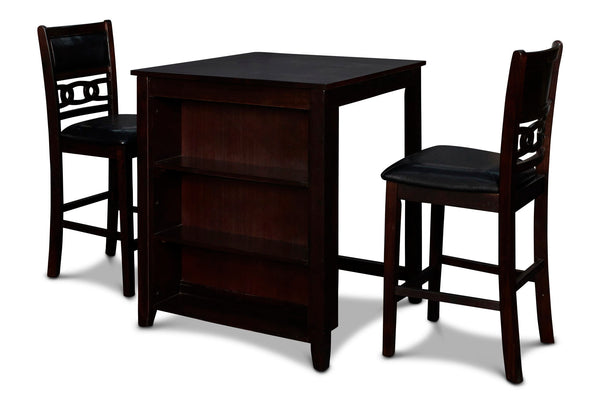 The small space friendly Gia Counter Storage Table and Chair Set has a built-in shelf unit that provides the ideal spot for dinnerware or kitchen essentials. The dining table and chair legs are crafted of solid Rubberwood to add strength and stability. Mi