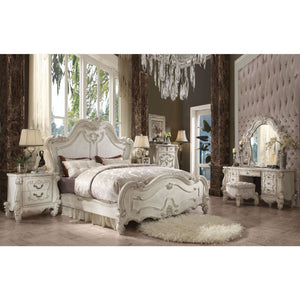  the bedroom set was inspired by old European design. This collection features carved scrollwork accent on headboard. The accent pieces crafted in wood with bone white finish and also included regal features such