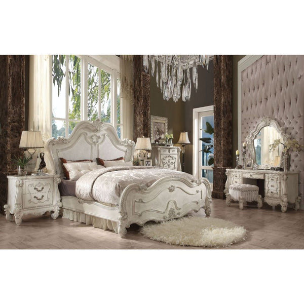  the bedroom set was inspired by old European design. This collection features carved scrollwork accent on headboard. The accent pieces crafted in wood with bone white finish and also included regal features such