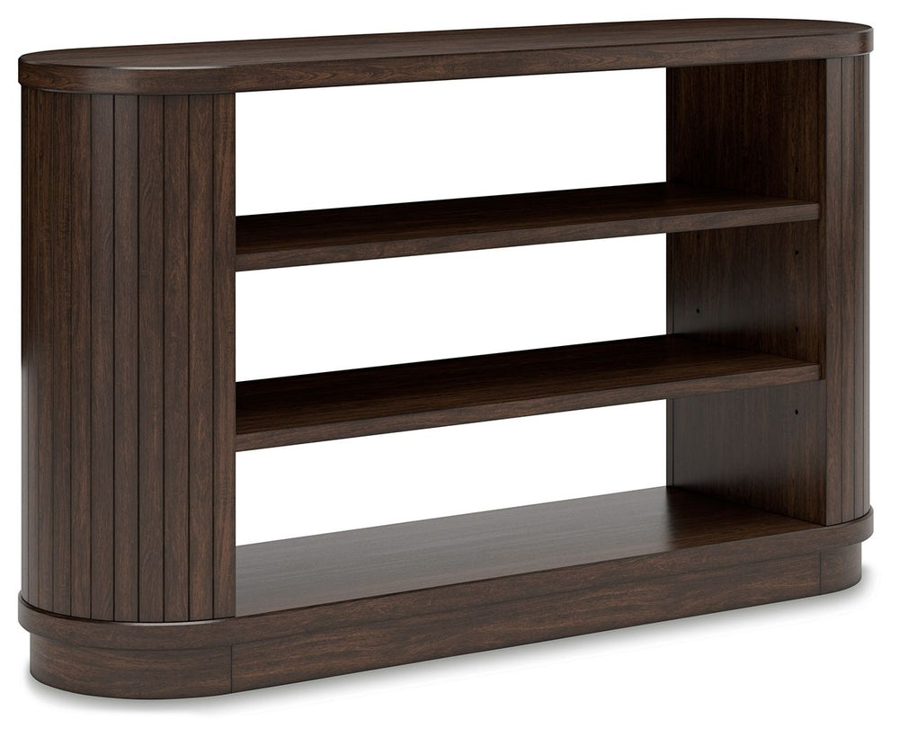 This credenza is perfectly modern in every way. Finished on both sides in a rich wood tone, the bookcase can be floated in a room or used as a divider. Adjustable shelving and open storage deliver a well-organized space for work-from-home professionals. I
