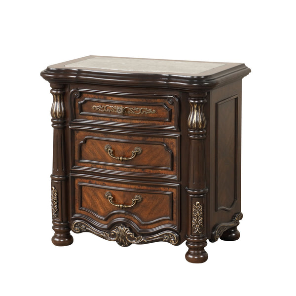 The Bella Notte 3 Drawer Nightstand in mahogany brown is a stunning piece of exquisite wood craftsmanship and timeless design. This nightstand, also suitable as a bedside table, chest, or cabinet, is crafted from a mix of solid poplar, manufactured woods,