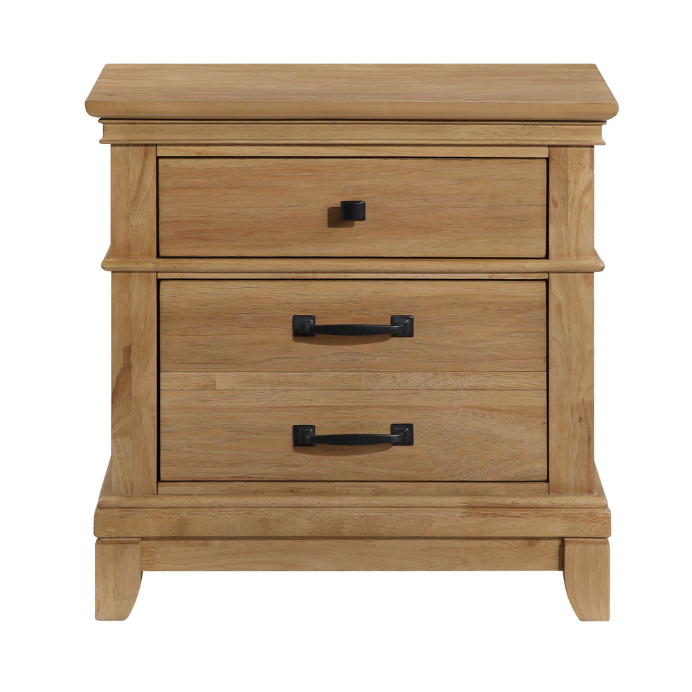 The Sunstone Nightstand offers durable, quality construction with solid rubberwood, manufactured woods, and hickory wood veneers, ensuring a strong and stable bedside chest. This collection-'s versatile style showcases a classic, rustic design with natura