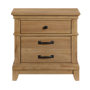 The Sunstone Nightstand offers durable, quality construction with solid rubberwood, manufactured woods, and hickory wood veneers, ensuring a strong and stable bedside chest. This collection-'s versatile style showcases a classic, rustic design with natura