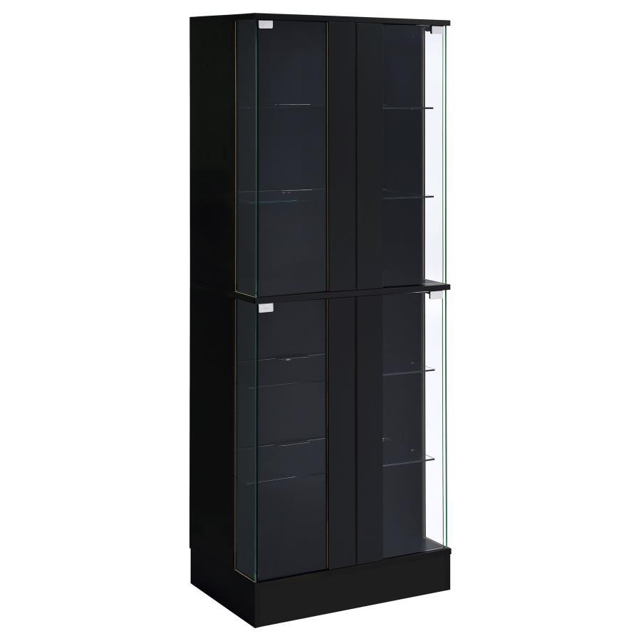 Discover sophistication and functionality fused in this sleek curio display cabinet, a stylish centerpiece for any room. The high gloss laminate on engineered wood gives a luminous sheen, complemented by clear tempered glass doors that encase six tiers of
