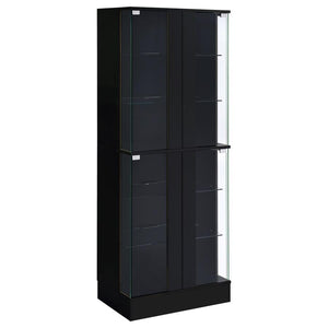 Discover sophistication and functionality fused in this sleek curio display cabinet, a stylish centerpiece for any room. The high gloss laminate on engineered wood gives a luminous sheen, complemented by clear tempered glass doors that encase six tiers of