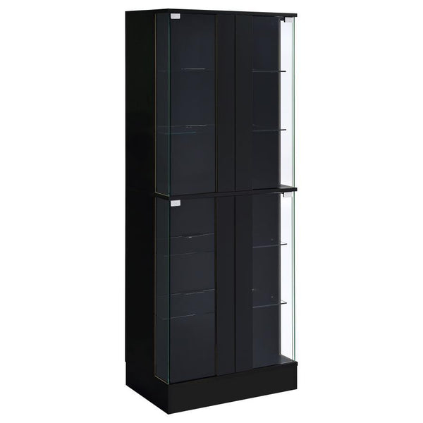 Discover sophistication and functionality fused in this sleek curio display cabinet, a stylish centerpiece for any room. The high gloss laminate on engineered wood gives a luminous sheen, complemented by clear tempered glass doors that encase six tiers of