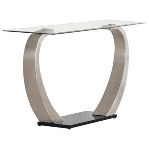 Elevate your living space with this modern rectangular console table, featuring a tempered glass top for enhanced durability and a sleek, stylish finish. The dual curved bases in a brushed satin silver finish add contemporary appeal, while the polished bl