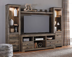 Entertain a rugged yet refined sense of style with this 4-piece entertainment center. Rustic finish and plank-style details pay homage to reclaimed barn wood, while metal banding with nailhead accents infuses a touch of industrial cool. Ultra clean lines 