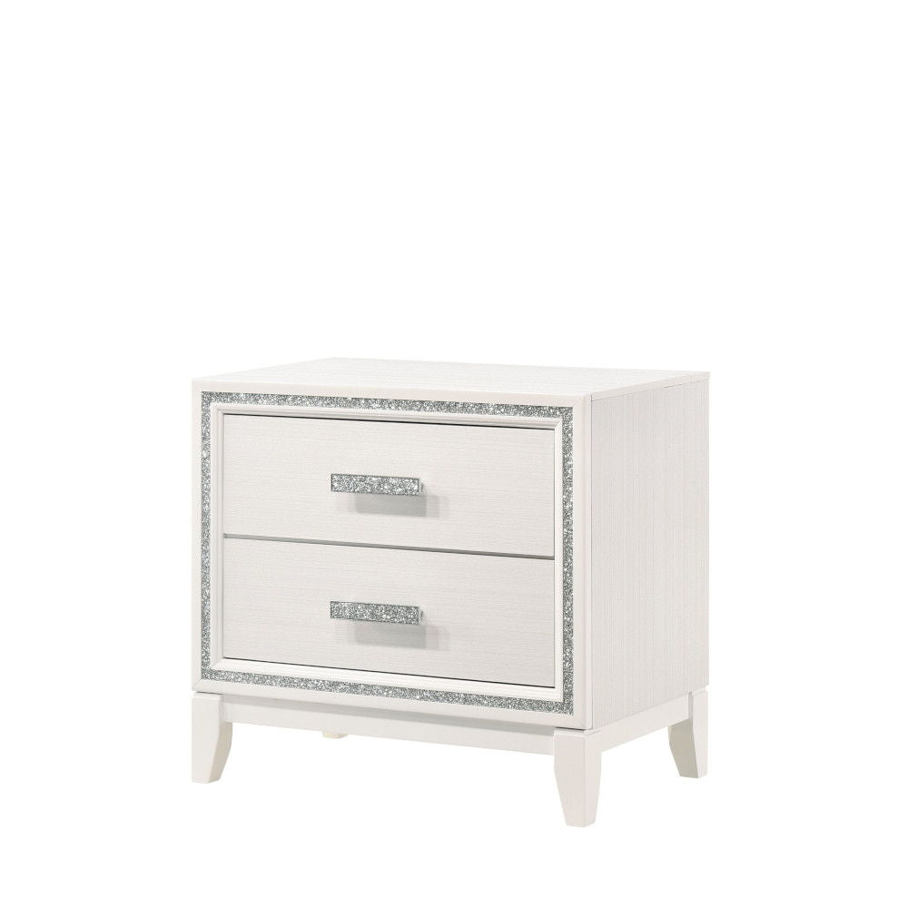 Classic design with touches of modern aspects makes this Haiden Nightstand ideal for any bedroom. The piece offers a rectangular tabletop and two storage drawers for displaying or organizing. It also features a glamorous shimmering silver accent trim that