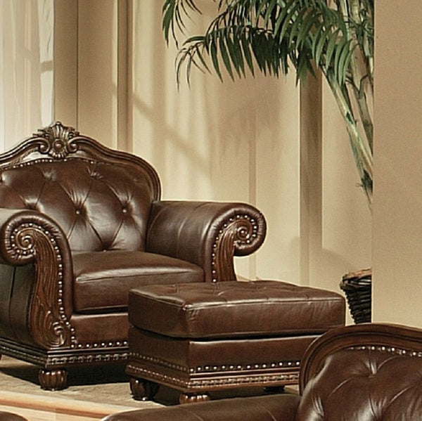 The Anondale collection reflects completely classic and elegant style, expertly crafted with rich espresso top grain leather match upholstery. Includes classic features button tufted, decorative molding trim and comfortable seating will make it perfect ch