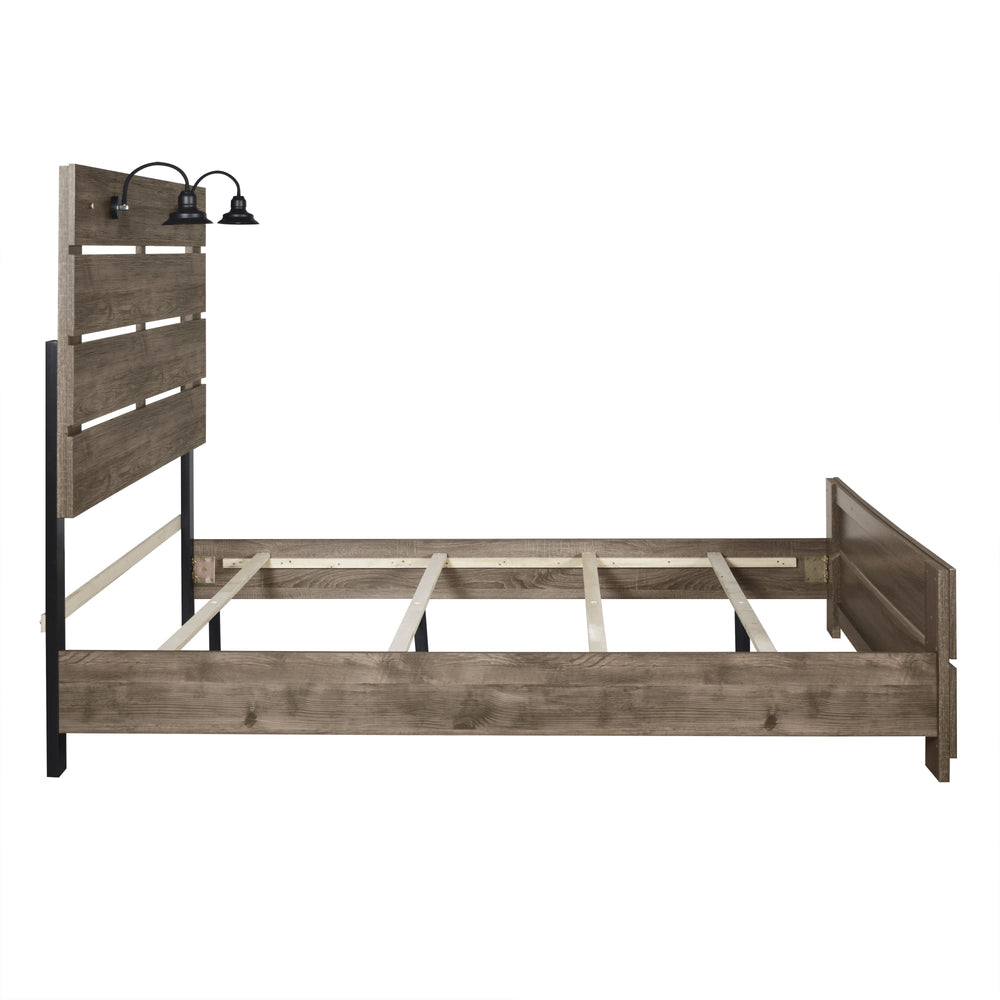 The Misty Lodge Bed in Greige offers a stylish fusion of modern industrial elements and rustic charm. Crafted with durability and eco-friendliness in mind, it combines manufactured woods and environmentally conscious decorative laminate for a high-quality