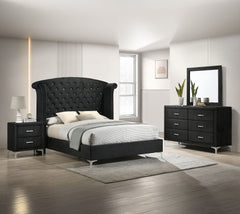 Immerse yourself in the regal charm of this majestic bedroom collection, a true embodiment of luxurious comfort and refined elegance. At the heart lies a bed that commands attention with its impressive wingback headboard, richly upholstered in a rich velv