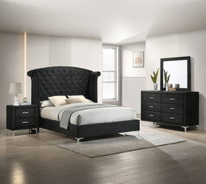 Immerse yourself in the regal charm of this majestic bedroom collection, a true embodiment of luxurious comfort and refined elegance. At the heart lies a bed that commands attention with its impressive wingback headboard, richly upholstered in a rich velv