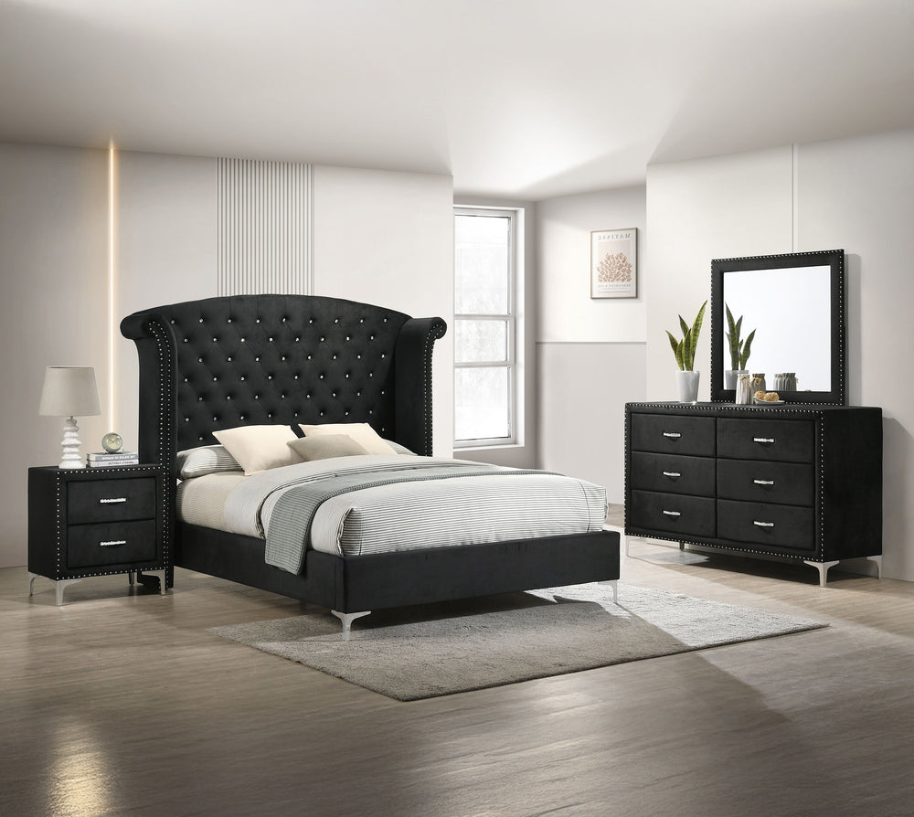Immerse yourself in the regal charm of this majestic bedroom collection, a true embodiment of luxurious comfort and refined elegance. At the heart lies a bed that commands attention with its impressive wingback headboard, richly upholstered in a rich velv