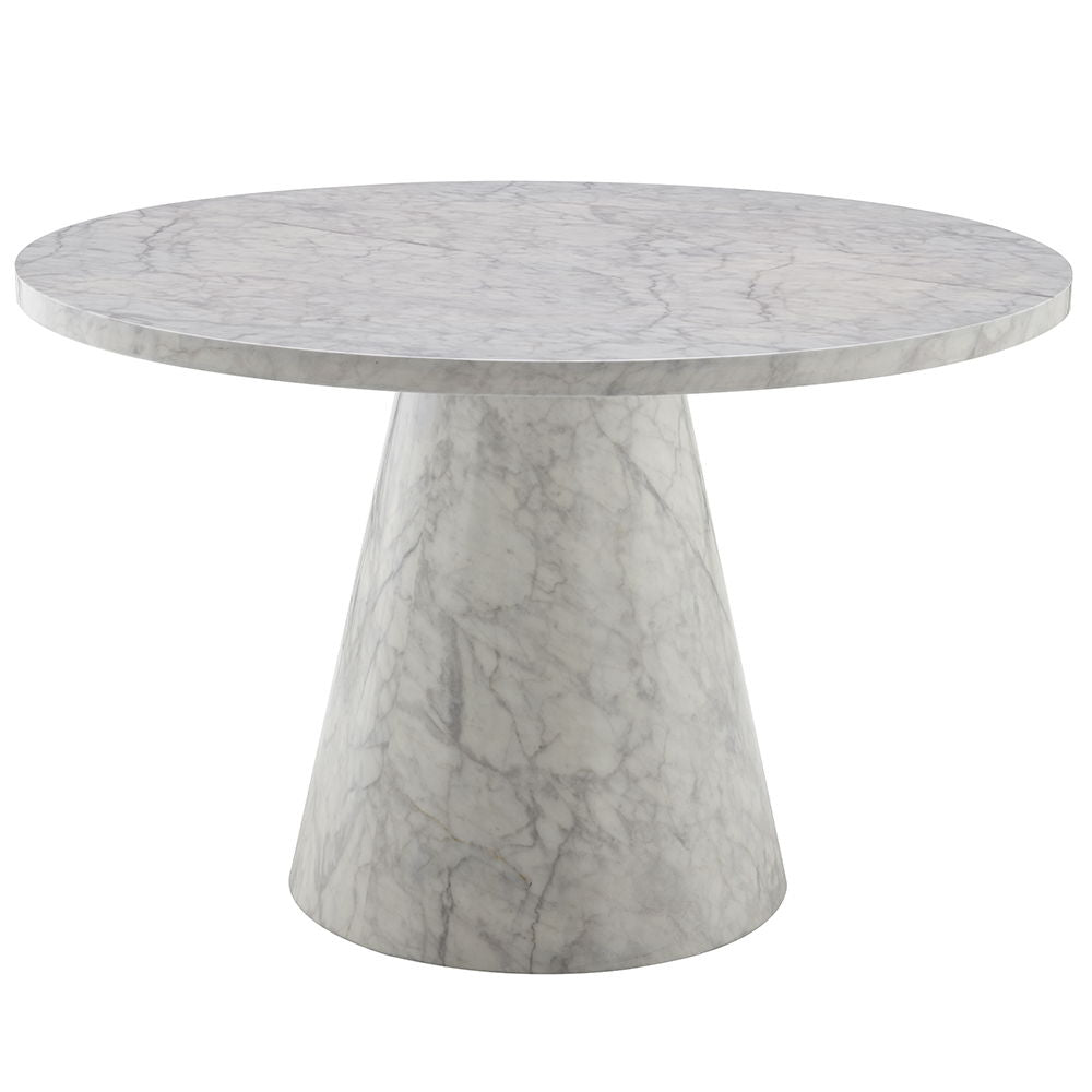 The Kacey dining set, with its elegant round wooden table top, exudes charm and sophistication. The marble grain finish adds a touch of luxury, while the single pedestal base ensures stability. Complemented by padded seat and back cushion side chairs, thi