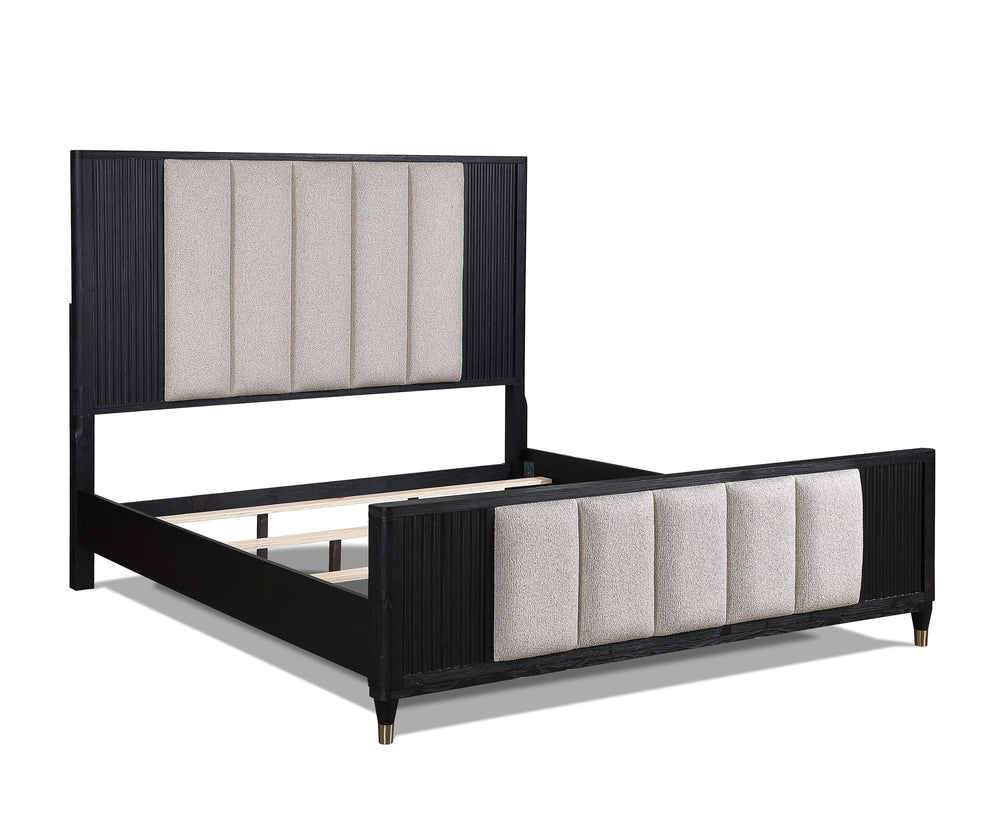 Elevate your sanctuary with this chic and contemporary bedroom ensemble that blends functionality with a sleek, modern aesthetic. The collection features a luxuriously upholstered bed, showcasing a high headboard and footboard with a refined fabric select