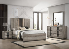 This bedroom set encapsulates modern minimalism, rendered in a soothing, natural wood finish that brings an organic, airy feel to any bedroom. The clean-lined bed boasts a broad headboard that stands as a subtle statement piece with integrated lighting. A