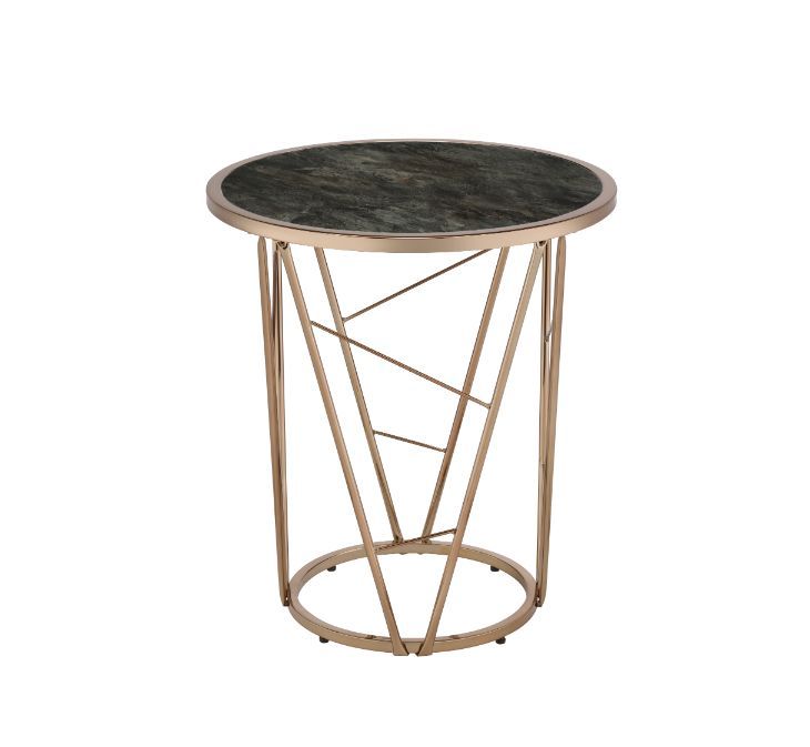 â€¢Round End Tableâ€¢Metal Cone Baseâ€¢16mm Metal Tube â€¢Table Top Thickness: 5mmâ€¢Tempered Glass Top<br/><br/><b>Product Features</b><ul><li>Case: 1Pc/1Ctn</li><li>Finish: Faux Black Marble Glass & Champagne Finish</li><li>Style: Contemporary</li><li>M