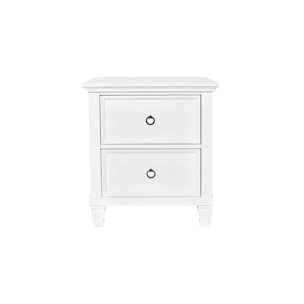 The Tamarack 2 Drawer Wood Nightstand in white combines durability with elegance. Built with solid poplar, basswood veneers, and eco-friendly manufactured wood, this nightstand ensures strength and long-lasting durability. Its versatile transitional desig