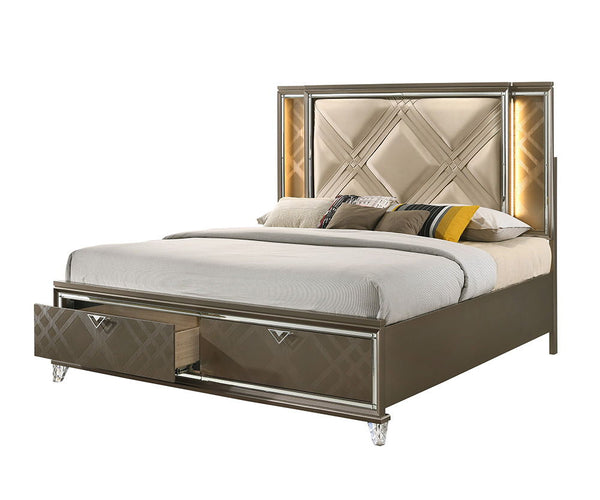 The Skylar collection immerses you in enduring glam and sophistication. Delight yourself in the features the stunning bed offers. Including champagne leatherette geometric padded headboards with touch function led lighting and matching wood frame embossed