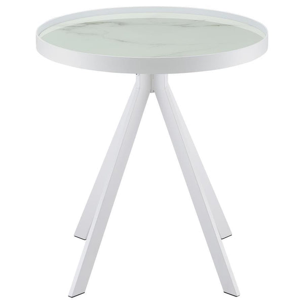 Briggs - Round Marble Printed Glass Top End Side Table - White