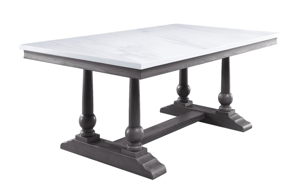 Gracefully crafted from wood in a muted, earthy gray oak finish, the dining table features a sturdy trestle base inspired by classical architecture aesthetic. White artificial marble top on the wooden frame creates a stunning two-tone design, providing ti