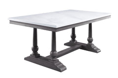 Gracefully crafted from wood in a muted, earthy gray oak finish, the dining table features a sturdy trestle base inspired by classical architecture aesthetic. White artificial marble top on the wooden frame creates a stunning two-tone design, providing ti