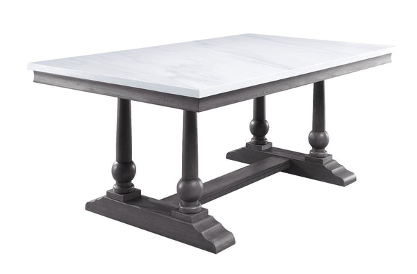 Gracefully crafted from wood in a muted, earthy gray oak finish, the dining table features a sturdy trestle base inspired by classical architecture aesthetic. White artificial marble top on the wooden frame creates a stunning two-tone design, providing ti