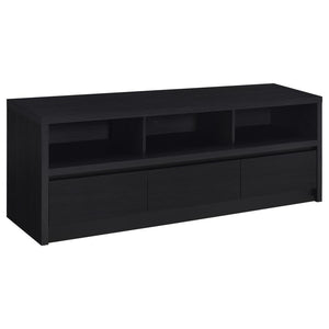Upgrade your entertainment space with this black TV stand, crafted from engineered wood with a paper laminate veneer for durability and a sleek finish. The clean lines and modern design include open shelves for electronics, a wire management hole to reduc