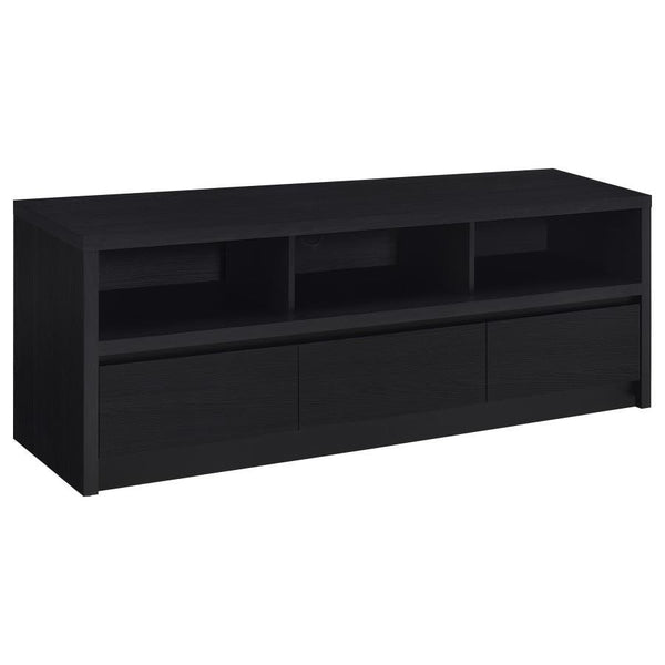 Upgrade your entertainment space with this black TV stand, crafted from engineered wood with a paper laminate veneer for durability and a sleek finish. The clean lines and modern design include open shelves for electronics, a wire management hole to reduc