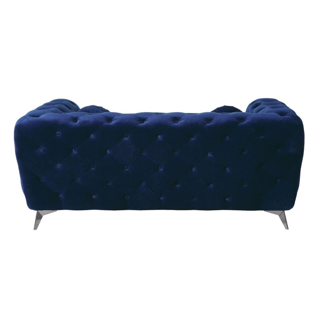 Elegant and eye-catching, the beautiful Atronia loveseat is the perfect addition to any space. Chic button tuft design with bright blue cover, strength, and beauty guaranteed with sturdy wood frame and chrome legs. This loveseat is bound to be the convers