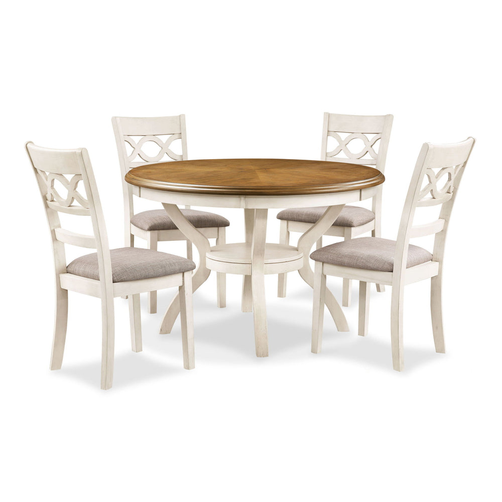 The farmhouse appeal of the Cori 5 Piece Dining Table and Chair Set is beautifully created with durability and comfort in mind. This dining set provides spacious seating for four and a handy storage shelf located under the table top to display dinnerware 