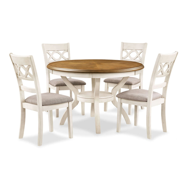 The farmhouse appeal of the Cori 5 Piece Dining Table and Chair Set is beautifully created with durability and comfort in mind. This dining set provides spacious seating for four and a handy storage shelf located under the table top to display dinnerware 