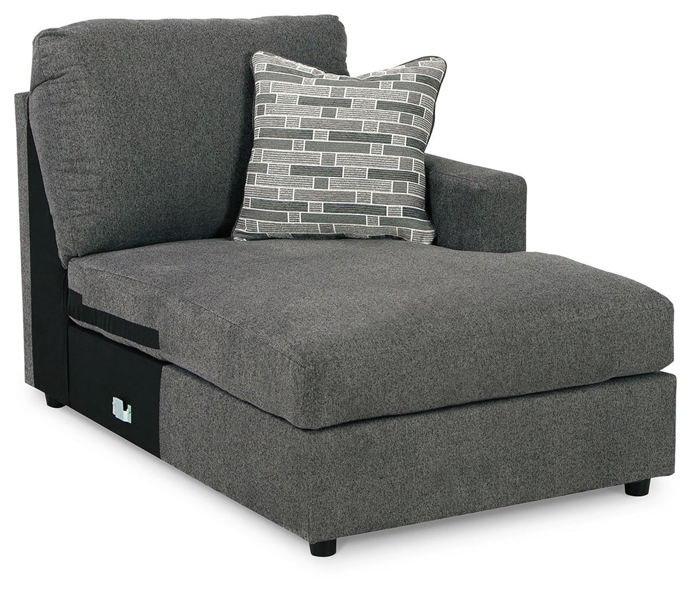 This right-arm facing corner chaise is made with polyester upholstery. Pairs with other items in the series to make a sectional.<br><br><b>Additional Dimensions</b><br><ul><li>Arm height: 25-"</li><li>Seat height: 19-"</li><li>Top of cushion to top of bac
