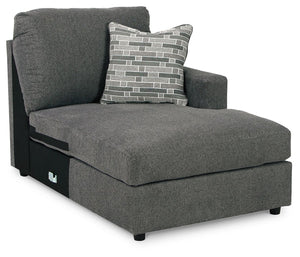 This right-arm facing corner chaise is made with polyester upholstery. Pairs with other items in the series to make a sectional.<br><br><b>Additional Dimensions</b><br><ul><li>Arm height: 25-"</li><li>Seat height: 19-"</li><li>Top of cushion to top of bac