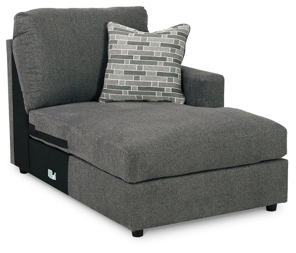 This right-arm facing corner chaise is made with polyester upholstery. Pairs with other items in the series to make a sectional.<br><br><b>Additional Dimensions</b><br><ul><li>Arm height: 25-"</li><li>Seat height: 19-"</li><li>Top of cushion to top of bac