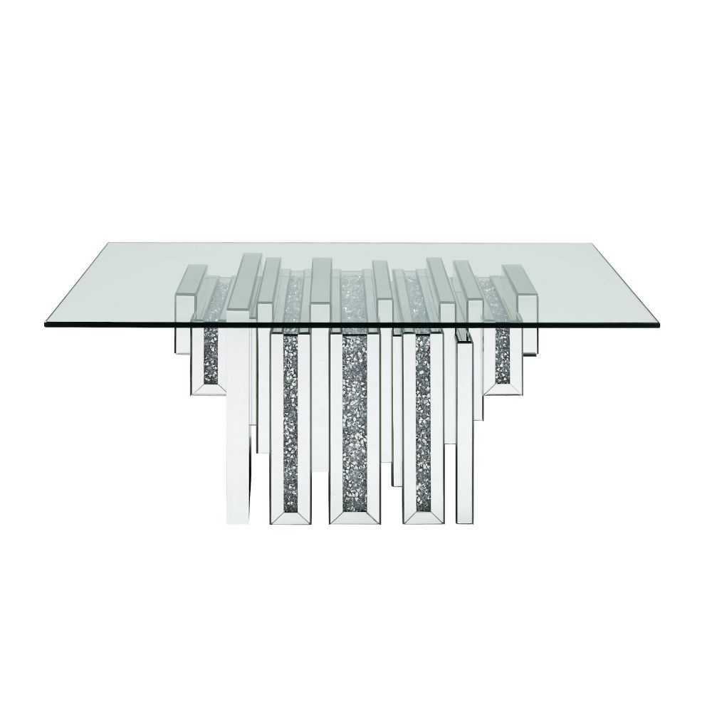 Brighten up your space with this mirrored and faux diamonds Noralie coffee table. With its unique pedestal base, this table is one your friends and family will all be envious of and will be talking about for years to come. Glam meets function with its amp