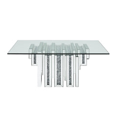 Brighten up your space with this mirrored and faux diamonds Noralie coffee table. With its unique pedestal base, this table is one your friends and family will all be envious of and will be talking about for years to come. Glam meets function with its amp