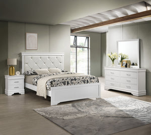 This bedroom set embodies a refined elegance with its crisp white hue and luxurious textures, perfect for creating a serene and sophisticated sanctuary. The centerpiece is a sumptuous bed framed by a headboard with diamond-tufted detailing, offering a tou