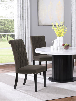  this side chair enhances any dining space. Its high backrest features a classic button-tufted design