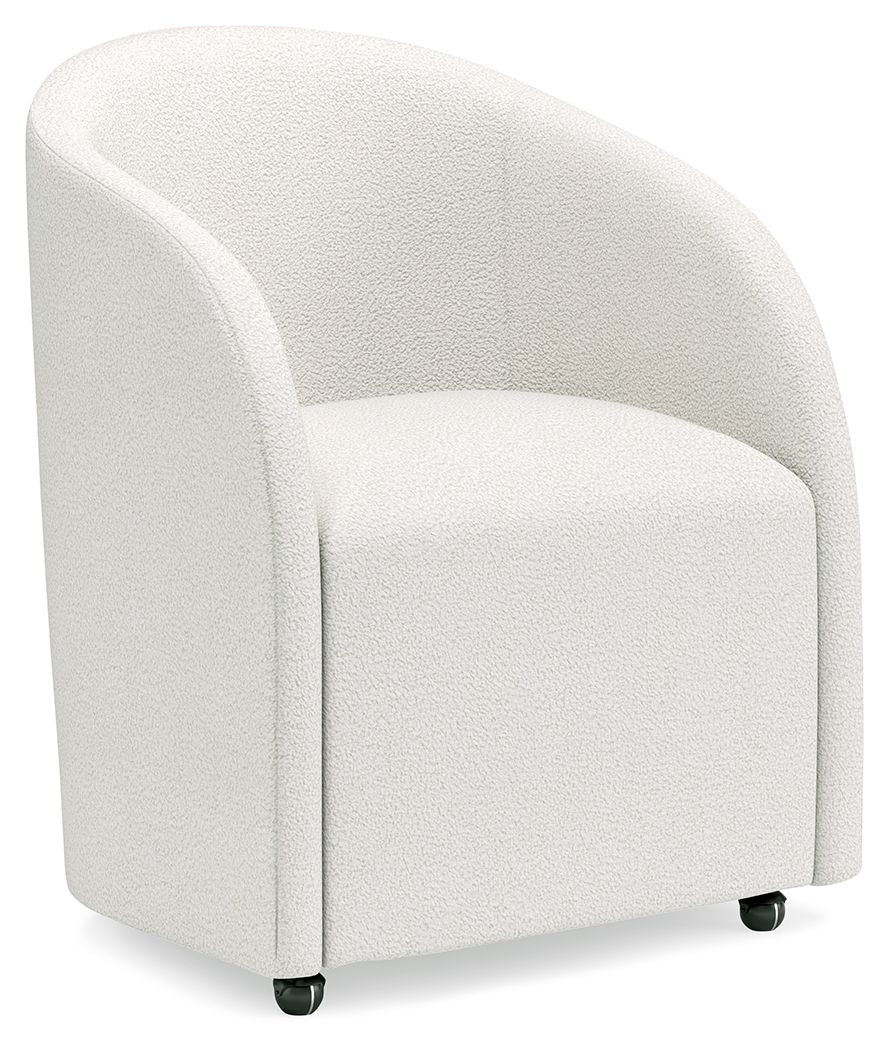 This fully upholstered desk chair makes a lasting impression in a simply stunning way. Its magnificent curves are enhanced with a neutral boucle upholstery thatâ€™s so pleasing to the eye. This bucket chair is the piece youâ€™ve been looking for to elevat