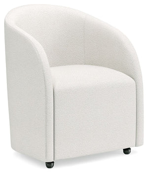 This fully upholstered desk chair makes a lasting impression in a simply stunning way. Its magnificent curves are enhanced with a neutral boucle upholstery thatâ€™s so pleasing to the eye. This bucket chair is the piece youâ€™ve been looking for to elevat