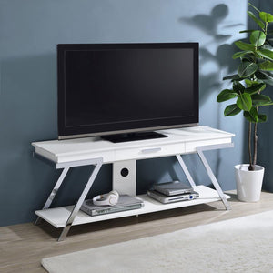  inspired design turns your casual home into a haven for easy style with a novel design in a TV stand. Prep a media or entertainment room with this ultra-contemporary TV stand made of white high gloss finished MDF with paper coating. Angular metal f