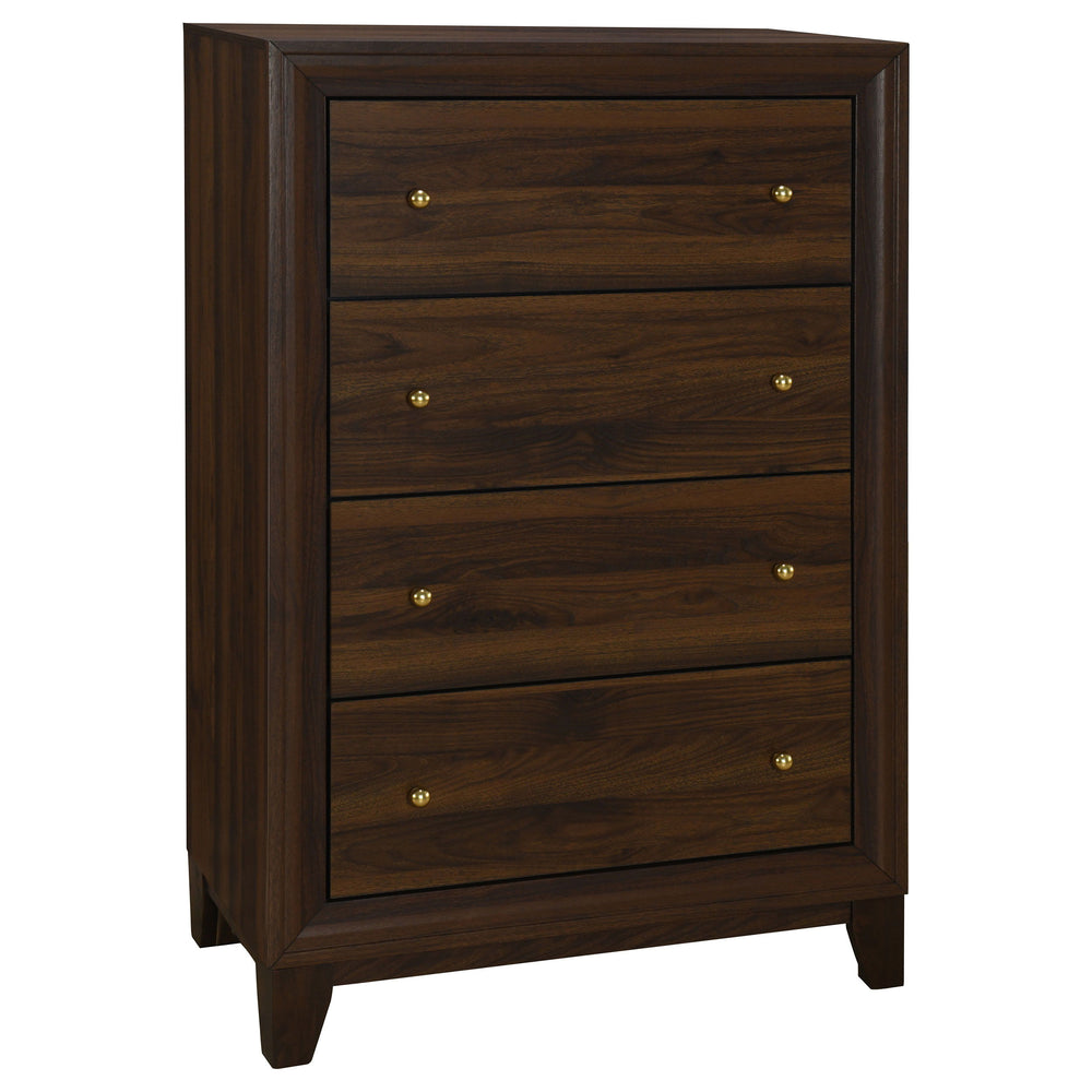 Put finishing touches on your bedroom storage ensemble with this modern five-drawer chest. It offers a refined look and feel with its walnut wood grain finish and contrasting warm gold finish round knobs. The chest is made from durable engineered wood and