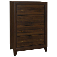 Put finishing touches on your bedroom storage ensemble with this modern five-drawer chest. It offers a refined look and feel with its walnut wood grain finish and contrasting warm gold finish round knobs. The chest is made from durable engineered wood and