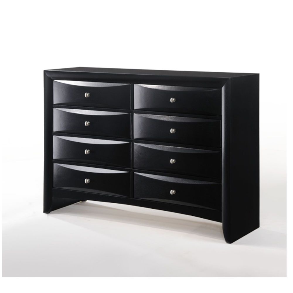 The Ireland I dresser with 8 spacious drawers is sure to provide style and functionality for any bedroom needs. All drawers have English dovetail with center metal glides. The dresser is complemented by slightly flared square legs and a modern black finis