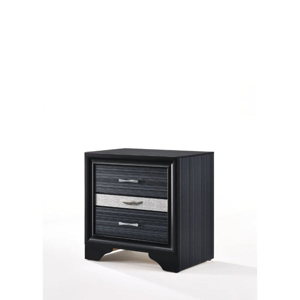 The Naima nightstand offers a sophisticated look, clean lines and contemporary style. This black nightstand features three drawers, with the middle drawer being a Felt-Lined jewelry drawer with compartments and front panel with crystal like inserts. Add t