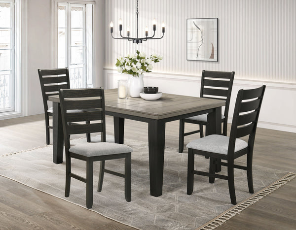 This dining group effortlessly combines farmhouse warmth with modern sophistication, creating a captivating focal point for any dining space. The table features a rich, two-tone design with a beautifully finished wood top and contrasting dark legs, delive